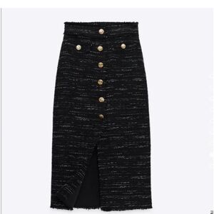 Zara Tweed Black Pencil Skirt with Gold Buttons